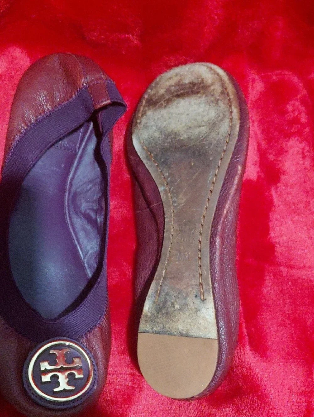 Tory Burch Cherry Red Leather Logo Ballet Flats